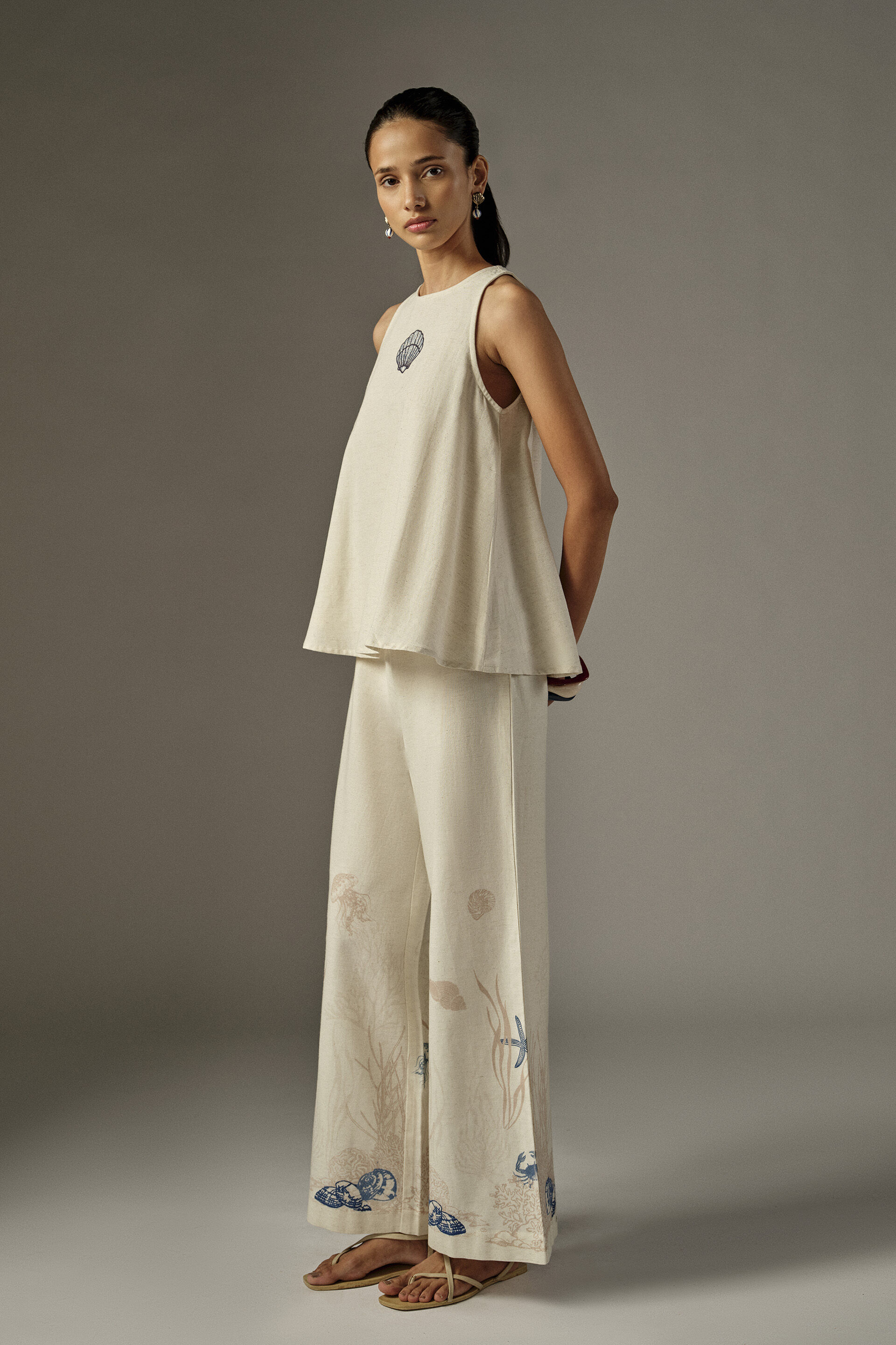 Seashell Embroidered Co-ord in Off White, Off White, image 3